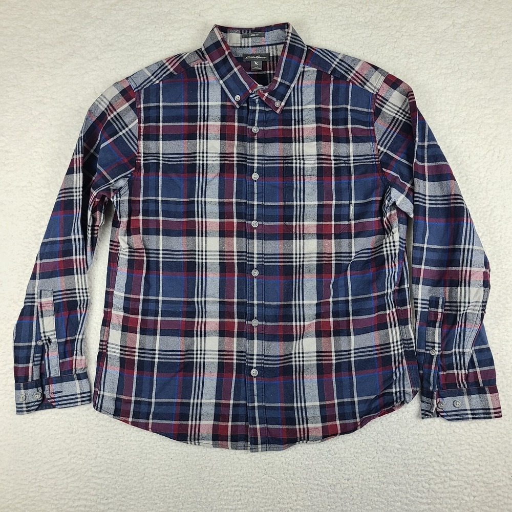 Eddie Bauer Flannel Shirt Mens Large Blue Purple Plaid Classic Dress Button Down
